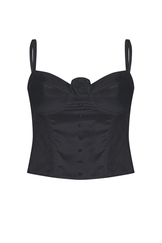 Silky Rose Corset Bustier (Black)